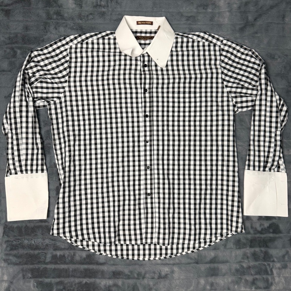 Henri Picard Men 17.5 34/35 Gingham Dress Shirt French Cuff Black White Check